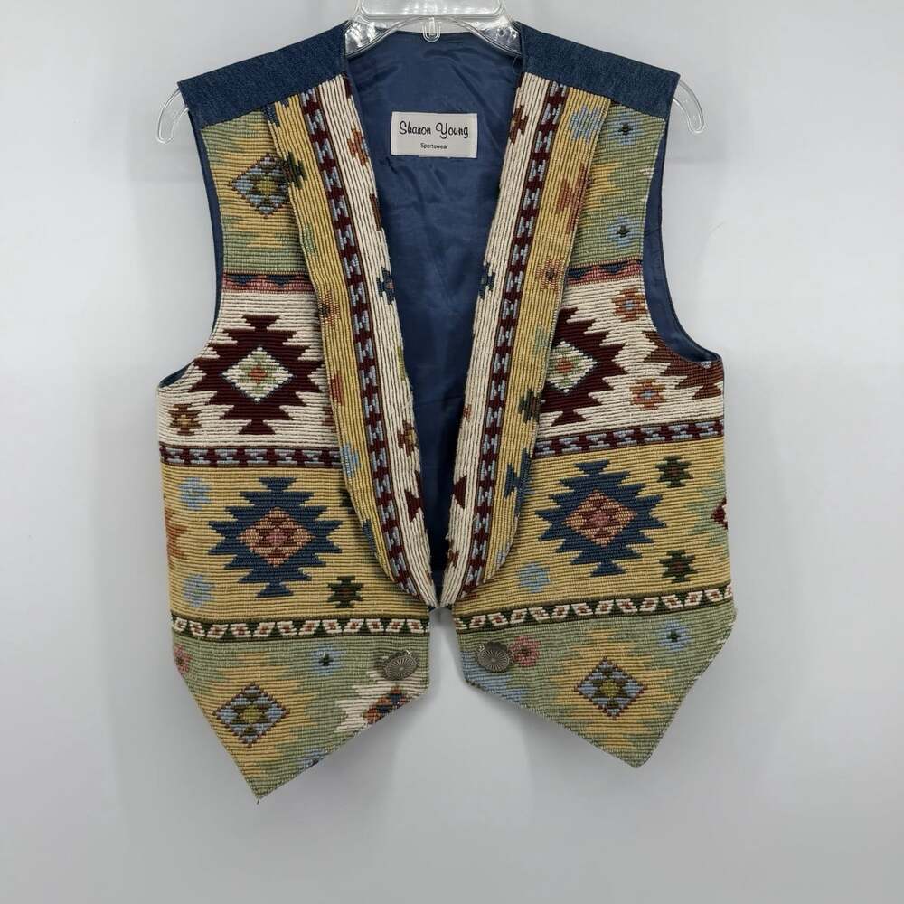 Vtg Southwest Tapestry Vest Womens Aztec Geometric Western Boho 90s Indie Concho